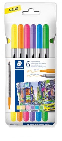 STAEDTLER 3200 Doppelfasermaler neon, zwei Spitzen für schmale und breite Linien, Etui mit 6 Doppelfasermalern in sortierten Farben, 3200 C6F