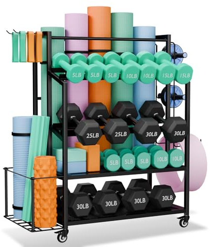 skypelia 4-Tier Dumbbell Rack Stand Only, 600LBS Adjustable Weight Rack for Dumbbells, Home Gym Storage Rack for Yoga Mat Kettlebells, Workout Equipment Storage Organizer with Wheels and Hooks
