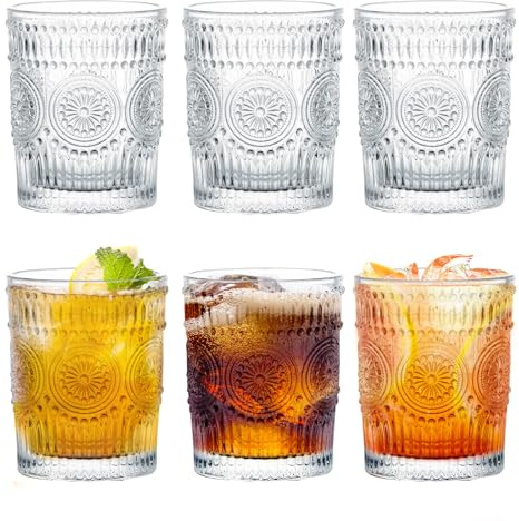 ZhouZGlass 6 Pack 300ml Premium Drinking Glasses, Romantic Water Glasses, Glassware Set with Flower Design, Juice Cups for Cocktails & Beverages for Home and Bar