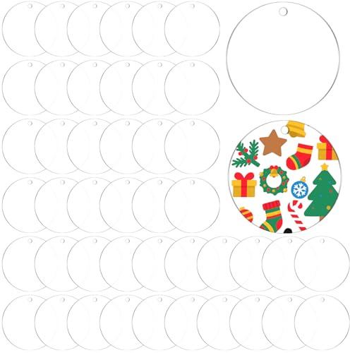 50 Pcs Acrylic Ornament Blanks 3 inch, Clear Keychains Blanks Acrylic Round Discs Blank with Hole for Christmas Ornaments Decor, Plastic Circles for Engraving, Painting, DIY Crafts