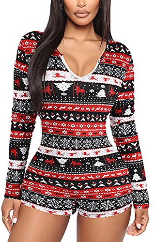 Springcmy Women Christmas V-Neck Shorts Jumpsuit One Piece Bodysuit Pajama Long Sleeve Bodycon Rompers Overall Sleepwear