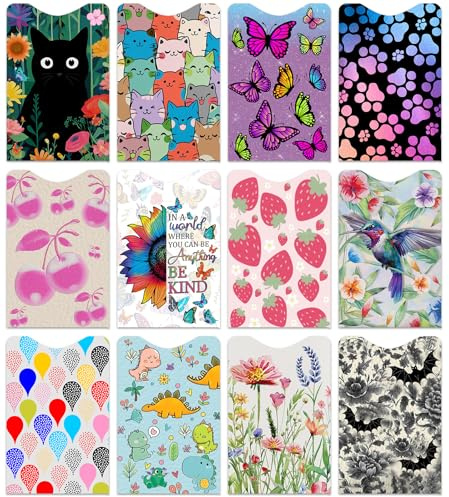 SMOQYKBW 12 PCS RFID Blocking Sleeves, Credit Card Holder for Women Men Protect Cards Identity from Electronic Theft Travel Case Set (Black Cat Flower)