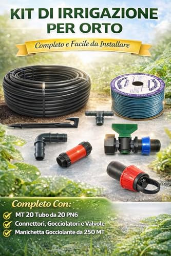 Kit Irrigazione a Goccia per Orto, 250 Metri Quadrati, con Ala Gocciolante 250m, Tubo Polietilene 20mm, Filtro, Raccordi, Sistema Fai da Te, Idraulico (distanza gocciolatore 30 cm)