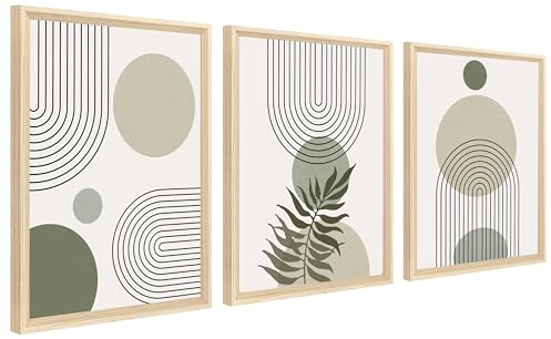 3Pcs Marco de Madera Cuadro Moderno Línea Geométrica Beige Verde Cuadro Decoracion Boho Abstracto Verde Salvia Minimalista Pintura Cuadros Decorativos Salon Dormitorio 30cmx40cmx3 (Sin Plexiglás)
