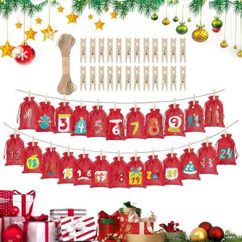 Chdnhe tom kalender adventskalender adventspåsar – juldekor 24-dagars fyllbar, semesterhantverk dragskoväska med klämmor | för barn familj vänner chokladfest presenter semester födelsedag