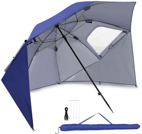 Jayseuw Parasoll strandmussla 2 i 1, UV50+ strandskärm Ø 210 x 220 cm för 2–4 personer, vikbar med fönster, markpinnar och bärväska, vindskydd för strand trädgård camping