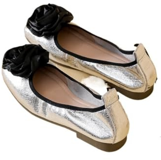 LCKKJHG Rose Fleur Ballerines Femmes Argent Paillettes Tissu Chaussures Pliables 35-43 Grande Taille Bande élastique Florale sans Lacet