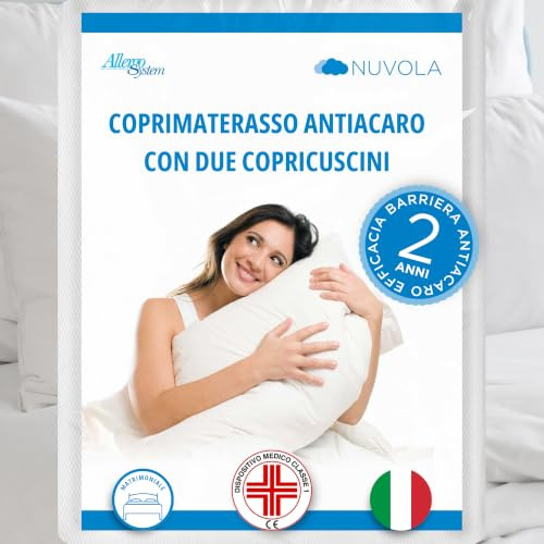Allergosystem Set Coprimaterasso Antiacaro Matrimoniale con Cerniera 170x200x20cm e 2 Federe Cuscino Letto 50x80cm - Dispositivo Medico Antiacaro e Anallergico MADE IN ITALY - Linea Nuvola