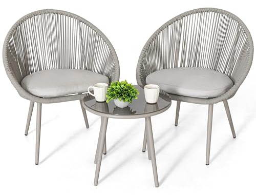 NUU GARDEN 3 Piece Outdoor Bistro Set, Woven Rope Conversation Patio Set, All Weather Patio Furniture Chairs and Table with Cushions for Garden, Deck, Backyard, Balcony, Porch, Beige