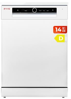 EVVO Lavavajillas 60cm Ancho, Capacidad 14 Cubiertos, Eficiencia C, Programa Media Carga, Sensor Inteligente, Ahorro Programa ECO, 8 Programas, Bandeja Superior Ajustable, Modelo: D3 Acabado: Blanco