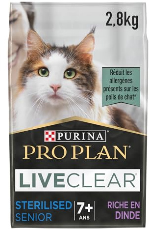 PURINA PRO PLAN | Liveclear | Chat Senior | Stérilisé | Croquettes Riches En Dinde | Réduit activement les allergènes présents dans les poils de chat 2.8kg