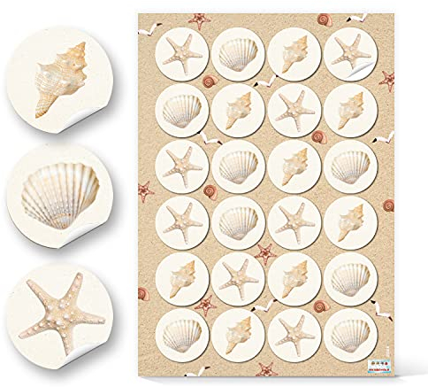 Aufkleber Muscheln & Seestern, 24er Set: Maritime Sticker, Deko Sommer, Meer & Strand, Aufkleber Maritim, Für Karten, Geschenke & Party, Dekosticker Klein, Muschel-Dekoration, Sand/Beige, Ø 4 cm