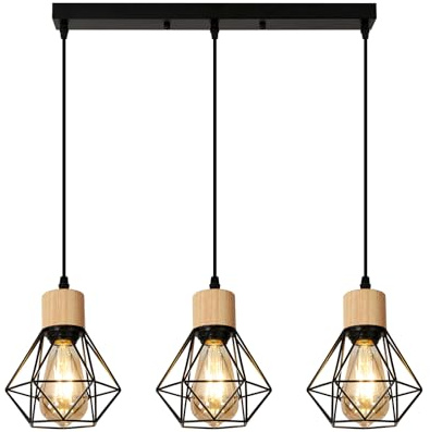 DAXGD 3 Luces Lámparas Colgante Vintage,E27 Lampara colgante techo,Lámpara de araña industrial con diseño de jaula de hierro negro,Iluminación de techo para porche cocina dormitorio
