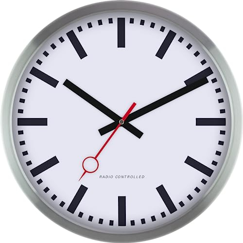 Eurotime Funkwanduhr im Aluminium-Gehäuse Silber und Bahnhofs-Sekundenzeiger