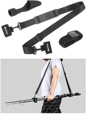 Realure Schultergurt für Angelruten mit Rutenschoner, Verstellbare Länge 77-137cm Nylon Elastisches Rutenbänder, Spaziergang, Fahrräder, Motorräder für Angelrutentransport, Schwarz