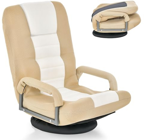 COSTWAY Sedia da Pavimento Pighevole, Sedia da Terra con Braccioli, Poltrona da Yoga Portatile e Girevole, Poltrona con Schienale Regolabile a 5+2 Livelli, Portata 150 kg (Marrone chiaro)
