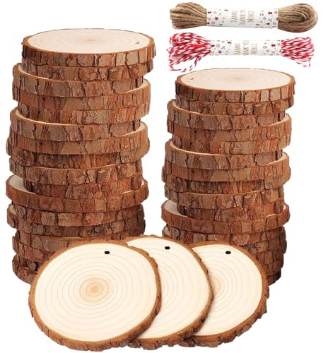 PVFZXS 40 discos de madera para manualidades, 4-6 cm, madera de pino, con dos cordones de algodón, para bodas, decoración de Navidad
