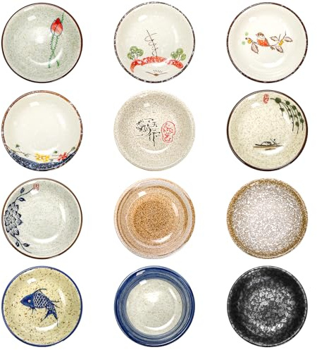 Nagpew 12 Pieces Japanese Sauce Dishes, 2 Oz Round Ceramic Side Dish Set, Small Seasoning Soy Dipping Bowl Plate for Sushi, Snack, Appetizer and Kitchen Prep, Assorted Color