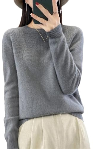 Maglione da donna a girocollo tinta unita 100% lana merino traforato pullover a maniche lunghe lavorato a maglia top, grigio, XXL