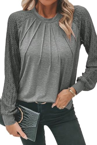 Chicrise Maglia Donna Manica Lunga Pizzo Blusa A Nido d'Ape Scollo Rotondo Tshirt Cotone Autunno Grigio Large 42-44