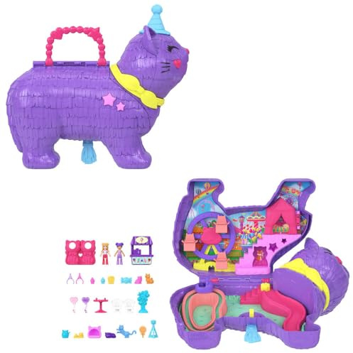 Polly Pocket Coffret Fête du Chaton, mini-figurines et 23 accessoires surprises dont des animaux de compagnie, un coffret fête d’anniversaire du chaton, une grande roue, JFT90