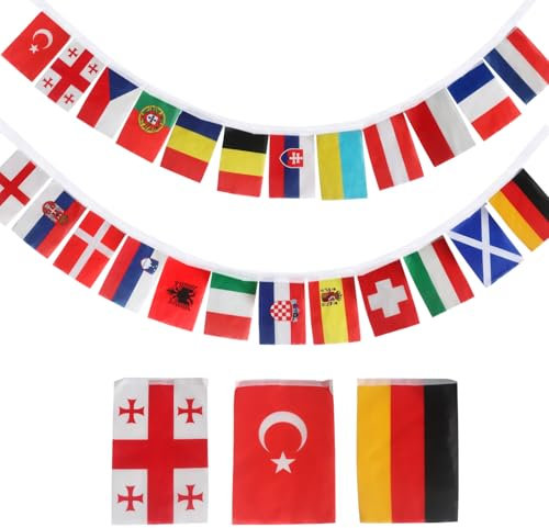 24 Länder Fahnen Wimpelkette, 24 Länder Doppelseitige Stoff Euro Wimpel Girlande für Eurovision Euro Nations Fußball League Haus Bar Garten Party Deko