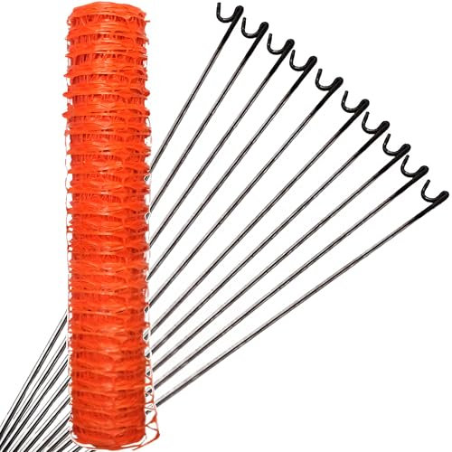 Orange Plastic Mesh Fencing 1m x 50m and 10 Pins Heavy Duty - Tear Resistant, Temporary Safety Fence for Construction, Work Sites, Garden, Pet Barriers, and Event Fences