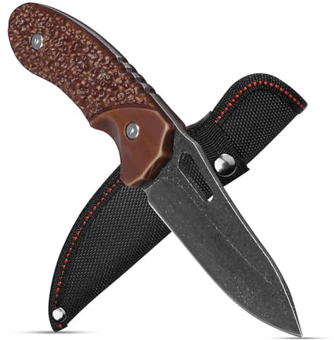 Plys Coltello Sopravvivenza Lama Fissa con Fodero in Nylon Coltello da Caccia Lama Stonewashed per Pesca e Campeggio Coltelli Bushcraft