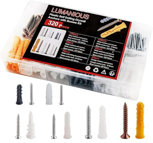 320pcs Screws and Wall Plugs Set, 6 Different Assorted Size Raw Plugs for Drywall, Holds Up to 75lbs, No Pre Drill Hole Preparation Required