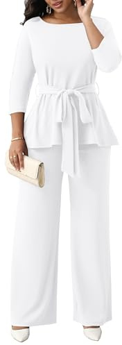 CLOCOR Women's 2 Piece Outfits Suit Set 3/4 Sleeve Peplum Top Flared Pants Sets Business Pantsuits