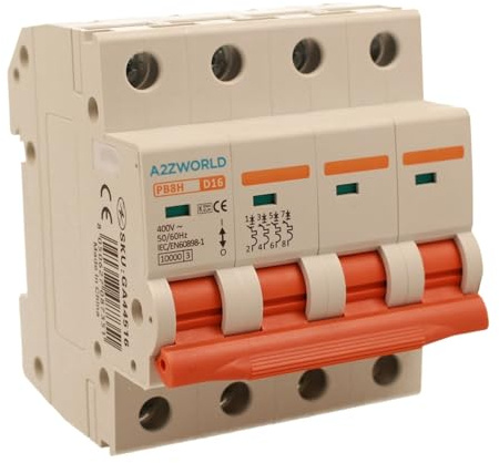 Interrupteur magnétothermique triphasé 4P 16A D16, courbe D 10 kA, 4 modules DIN 380 V AC, certifié IEC60898-1, série PB8H professionnelle
