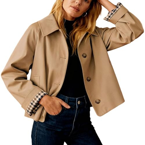 FeMereina Women Oversize Trench Coat Plaid Lining Lapel Button Down Casual Crop Jacket Outwear with Pockets