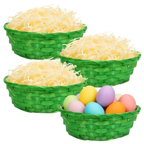 HGRGHH 4 Piezas Cestas de Pascua con Hierba Decorativa-22,5 x 7,5 cm, Cesta Huevos Pascua para Niños, Pascua Regalos Canasta de bambú, Cesto Pasquale para Guardar Dulces, Galletas, Chocolate- verde
