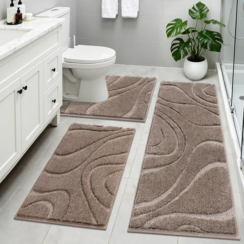 HEBE Microfiber Bathroom Rugs Sets 3 Piece,Super Absorbent Non Slip Bath Mats Rugs for Bathroom,Washable Bath Mat and U-Shaped Contour Toilet Rug Set for Tub Shower Bath Carpet