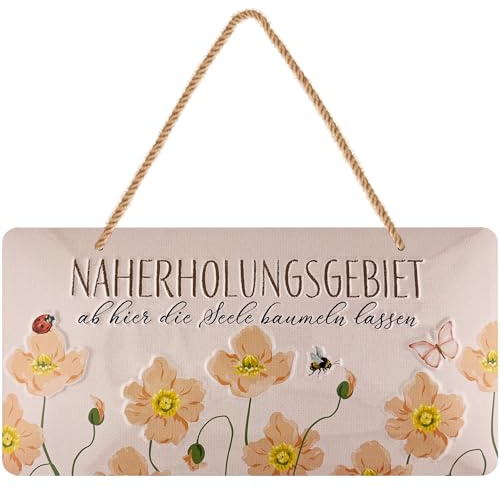 LANOLU retro Blechschild, Naherholungsgebiet Gartenschild Metall mit Blumen, witzige Garten Deko für draußen wetterfest, Schild mit Jutelkordel zum Hängen, 16x32 cm