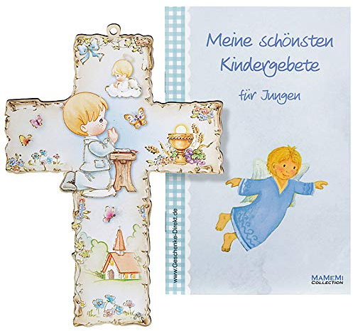 MaMeMi TAUFKREUZ FÜR JUNGEN – Kinderkreuz aus Holz mit BETENDEM BUB & SCHUTZENGEL – ca. 15 x 10,5 cm – Wandkreuz fürs Kinderzimmer – Holzkreuz Inkl. Gebetsbüchlein – GESCHENK ZUR TAUFE