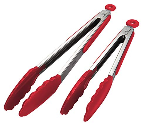 iNeibo Kitchen Tongs - 9'' & 12'' Non-Slip Smart Locking Stainless Steel Cooking Tongs with Silicone Tips for Grilling BBQ Serving Salad Ice (Red)