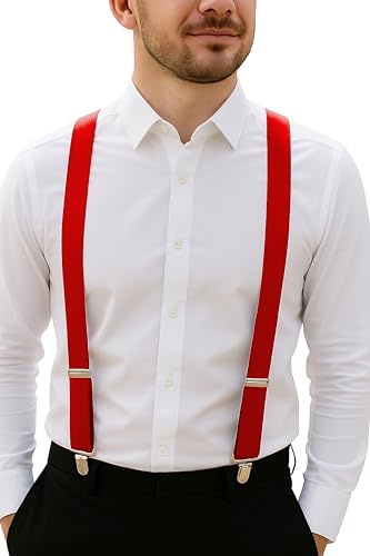 trilece Red Suspenders for Men - Adjustable Size Elastic 1 inch Wide Y Shape Suspender for Women Heavy Duty Clips Christmas Suit - Halloween Costume Accessories (Red, 1)