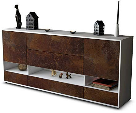Stil.Zeit Sideboard Florentina, Korpus Weiss matt, Front Industrie-Design Rost (180x79x35cm) Push-to-Open Technik & Leichtlaufschienen