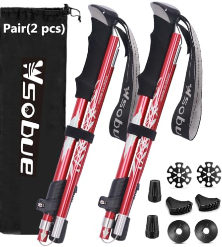 Bâton de Marche Pliable, Bâton de Randonnée Téléscopique en Aluminium Ultra Léger Bâton de Ski pour Hommes Femmes (Rouge 2 Bâtons)