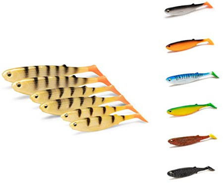 NØMIS Gummifiskar Paul Perch | Gummifisk set med 6 st 2 x vardera 10, 12 och 14 cm | fisketillbehör | gummifiskset gädda gös | fiskedrag | gummibete | gädda bete | gummifisk gädda | abborre bete