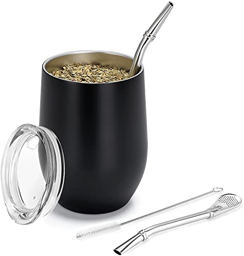 TELANKS Modernes Mate Becher 340 ml, Yerba Mate Cup Set Edelstahl doppelwand isolier Design, Mate Tee Tasse mit BPA-freiem Deckel, Bombillas und eine Reinigungsbürste (Schwarz)