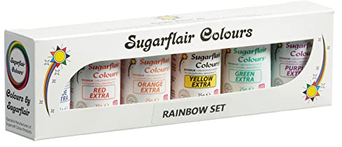 Sugarflair Lebensmittelfarbe Max Konzentriert Set/6, Max Concentrate Paste Colour Lebensmittel Farbstoff Hoch Konzentriert, EXTRA Blue, Red, Orange, Yellow, Green, Purple - 6x25g
