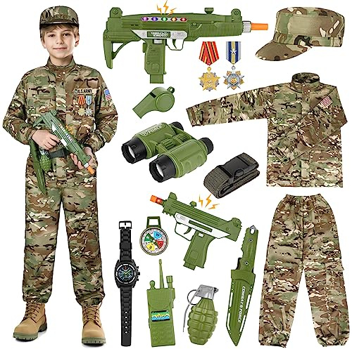 GIFTINBOX Army Costume for Kids, 15PCS Soldier Military Costume Dress Up Role Play Set with Army Accessories, Halloween Costumes for Boys Kids 3-13, Halloween Birthday Gift for Kid