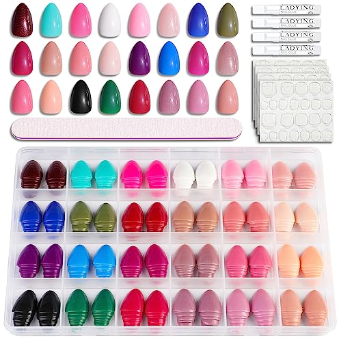 LADYING 24 Packs (576 PCS) Glossy Mandel Soft Gel Nägel Zum Aufkleben Kurz,Oval Press on Nails Kit,Kunstnägel Fake Nails mit Nagelfeile,Fingernägel Künstliche Nägel Mittel für Frauen
