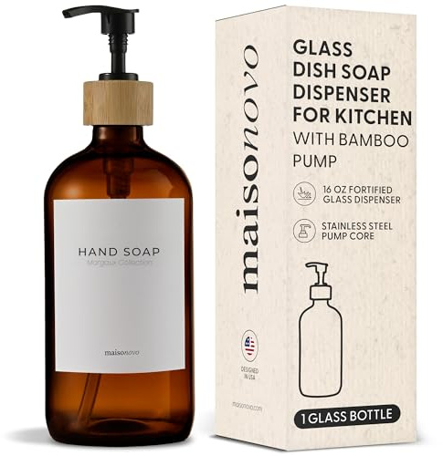 MaisoNovo Glas Seifenspender Bad Set 1er - 500 ml Bernstein Handseifenspender mit Schwarz Bambus Pumpen, Wasserfeste Etiketten