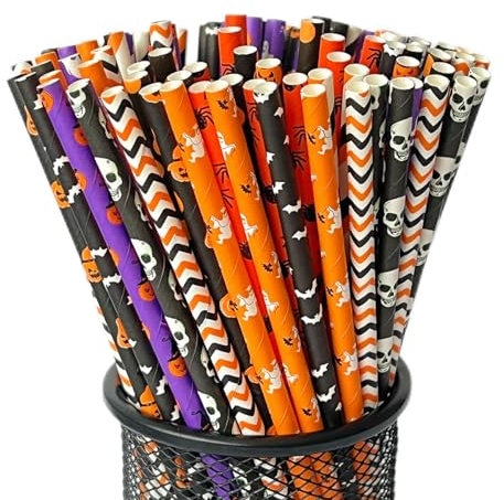 YAOSHENG 200 pajitas para papel. La decoración de fiesta de Halloween es biodegradable. Pajita desechable ecológica. Ecológico. 10 puntas mixtas, cráneos, calabazas, murciélagos, etc. (100)