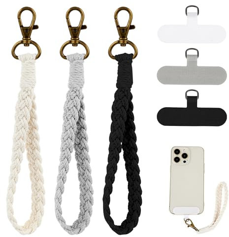 Abeillo 3 Stück Makramee Schlüsselanhänger, Böhmische Handy-Kette Universal-Handy-Kette Handy-Lanyard mit 3 Handy-Schlüsselbandfür Männer und Frauen (Schwarz Weiß und Grau)