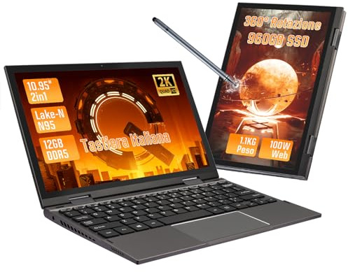 LONGEVINCE Mini Laptop,computer portatile ultra-sottile da 10,95 pollici con touchscreen,rotazione a 360°,Celeron N95, 2000x1200,12GB DDR5, layout tastiera italiana (Grigio, 12+960G SSD)