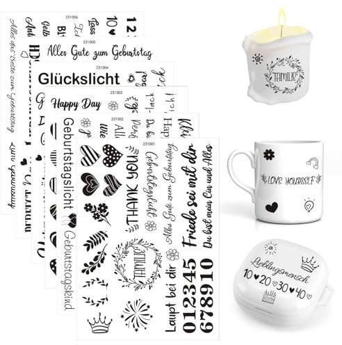 Pack of 6 Rub On Stickers Birthday Sayings Stickers A5 Self-Adhesive Film Transfer Sticker DIY Water Slide Film for Candle Tattoos, Glass, Gifts, Party Decoration